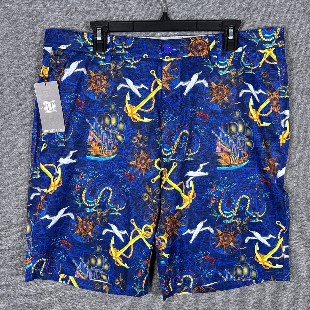 NEW Hreski Shorts Mens 36 Blue Nautical Dragon‎ Ship All Over Print Golf Stretch